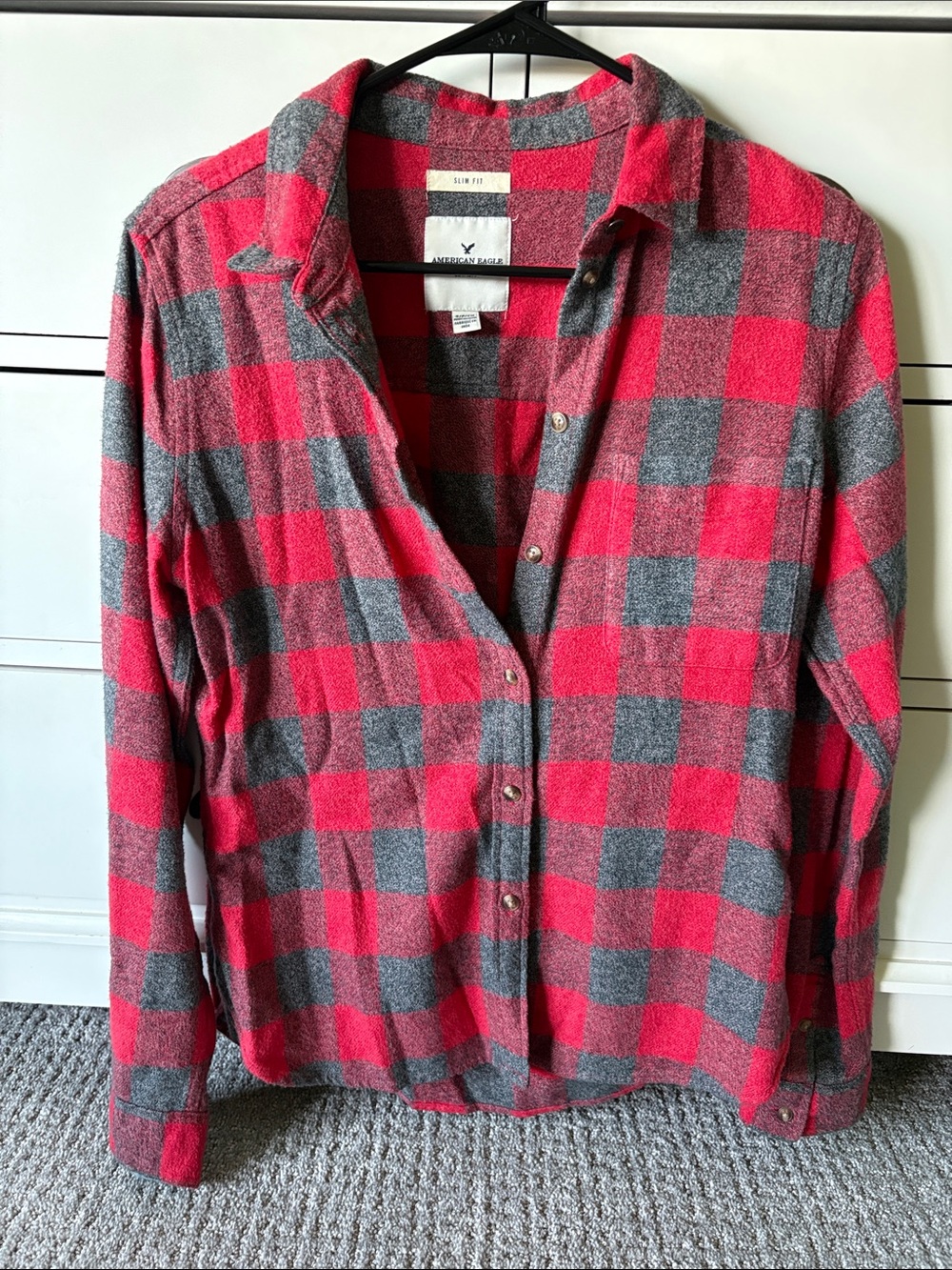 American Eagle Outfitters Red and Gray Buffalo Plaid Button-Down Shirt